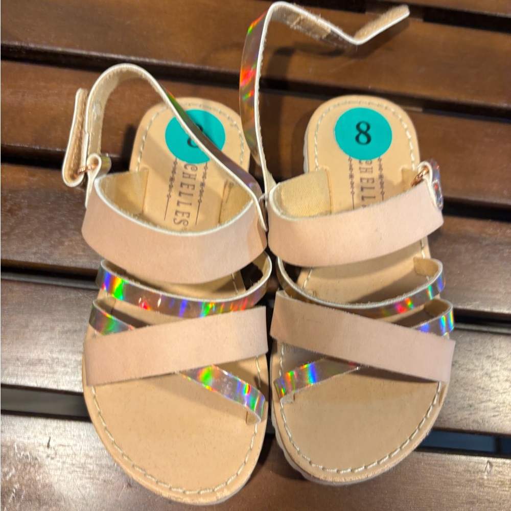 Seychelles Girls Tan Sandals with Holographic Straps